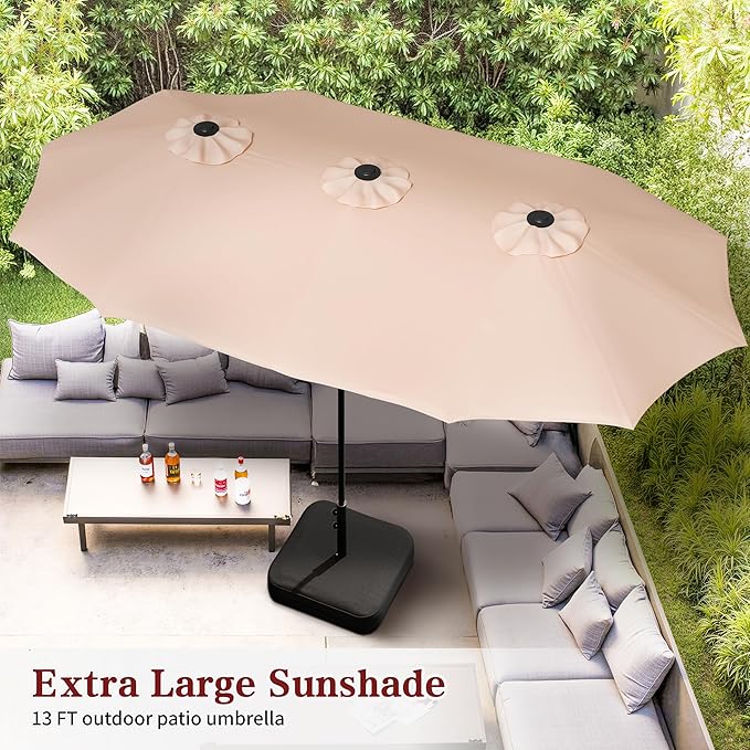 Vongrasig 13FT Large Patio Umbrellas with Base Included, Outdoor Double sided Pool Umbrellas with Crank Handle, Large Rectangle Table Umbrella for Poolside Backyard Market, Khaki