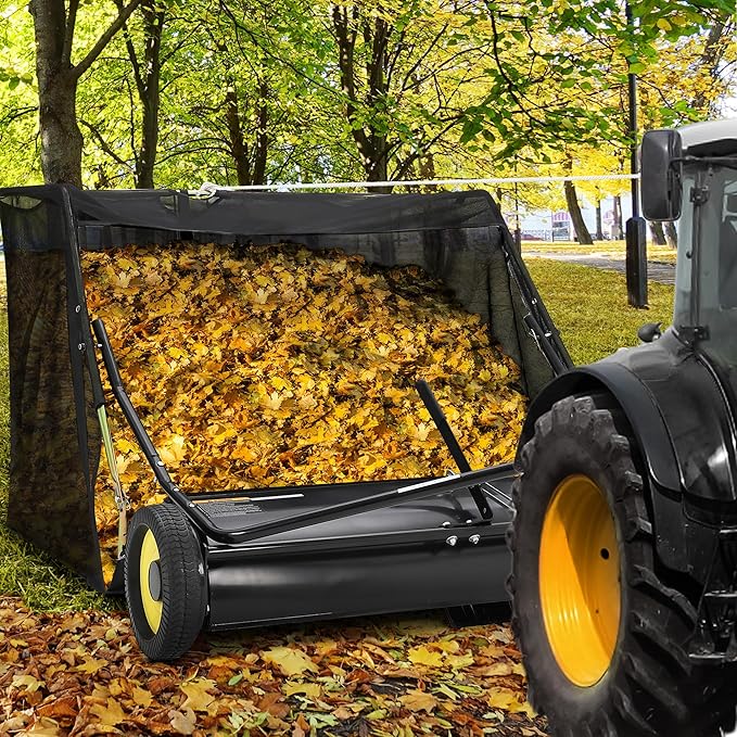 50" Large Capacity Pull Behind Lawn Sweeper with Adjustable Sweeping Height - Leaf & Grass Collector with Dumping Rope Design for Picking Up Grass and Debris