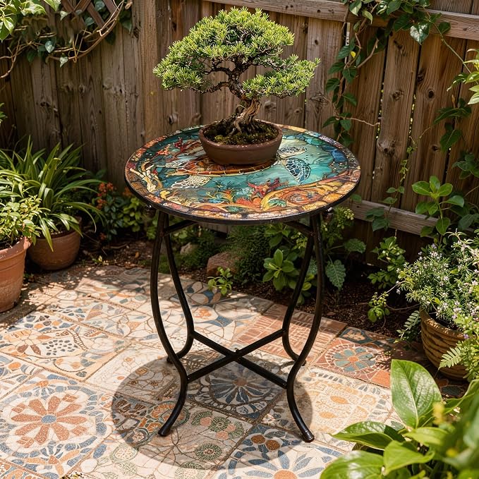 Metal Round Side Table, 14" Diameter Indoor Outdoor Side Table, Weather Resistant Patio Table for Porch Yard Balcony, Easy Assembly