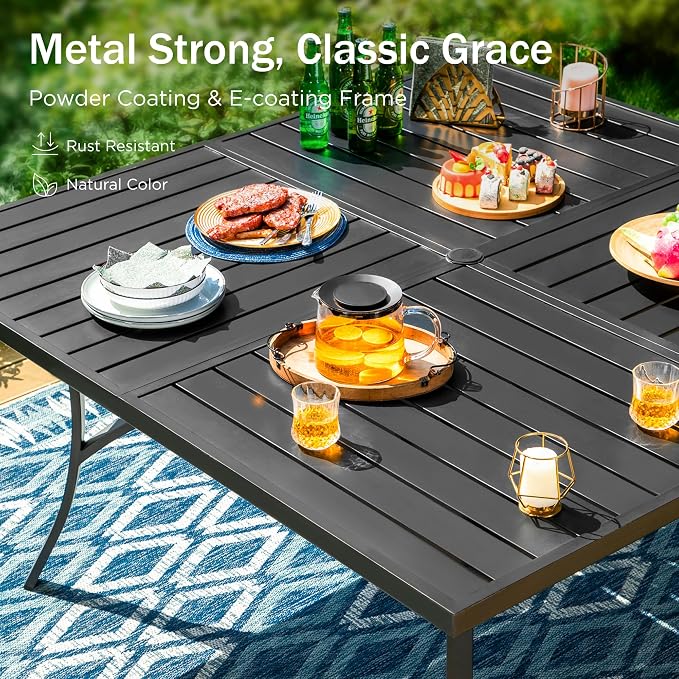 PHI VILLA 9 Pcs Outdoor Dining Set, 57.5" Square Metal Table, Black | Metal Table w/ Umbrella Hole & Stackable Iron Chairs,Patio Furniture Set for Deck,Yard, Porch