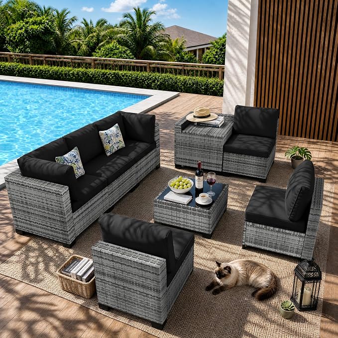 8-Piece Modular Patio Furniture Set with Storage Box Outdoor Sectional Sofa | Patio Conversation Set with Coffee Table, PE Rattan Wicker Couch with Waterproof Cushions for Backyard, Deck & Porch, Black
