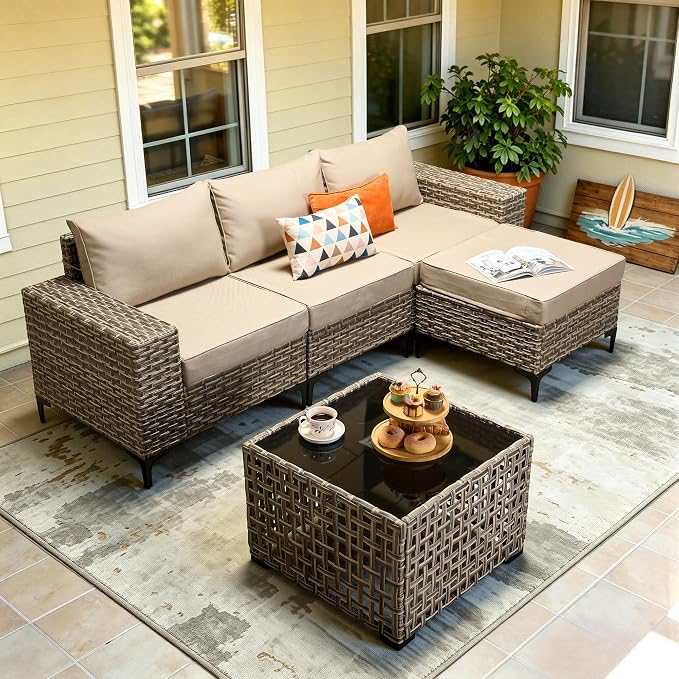 5-Piece Wicker Outdoor Sectional Furniture, Wide Armrest L-Shaped Patio Couch Set with Ottoman Thick Cushion, Modular Conversation Sets with Solar Table for Backyard Porch Balcony, Beige