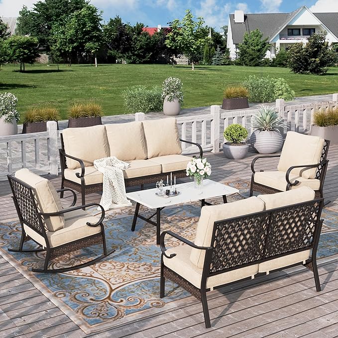 HERA'S HOUSE 5 Piece Metal Patio Furniture Set, 7 Seats All Weather Outdoor Conversation Set, 3 Seat Sofa with Loveseat, 2 Rocking Chairs, Coffee Table for Backyard, Garden, Deck, Beige