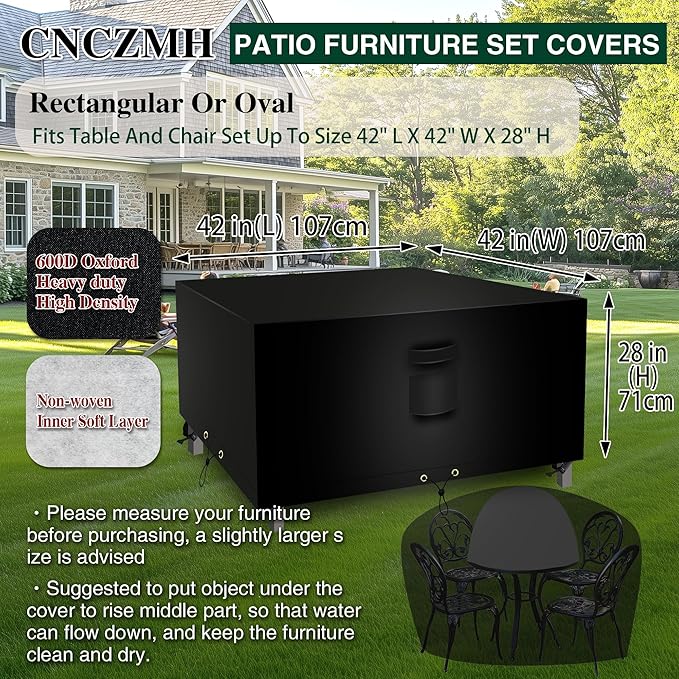 Square Heavy Duty Patio Table Covers Waterproof, 600D Outdoor Dining Table and Chair Set Covers, Outdoor Furniture Cover Waterproof for Sectional Sofa Couch 42''L x 42''W x 28''H, Black
