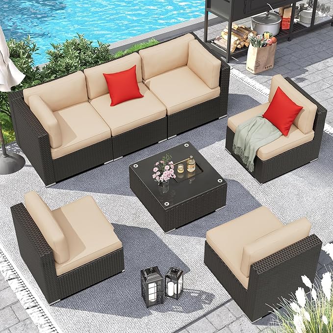 7 Pieces Outdoor Patio Furniture Set, Black Brown Wicker Patio Sectional Sofa Set, Outdoor Couch with Cushion and Tempered Glass Table, Brown