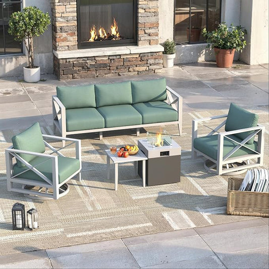 Aluminum Outdoor Patio Furniture Set with Fire Pit, 7-Piece Outdoor Sectional with 5.2" Thick Cushions, Swivel Chairs Patio Conversation Sets for Backyard,(White,5 Seats)