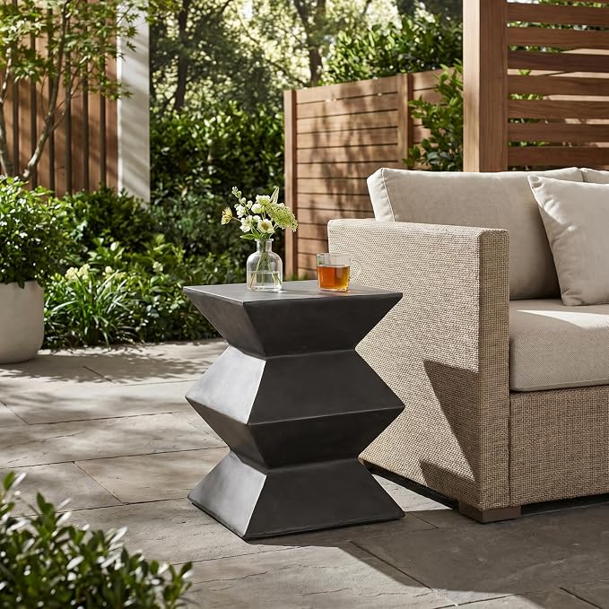 Outdoor Concrete Side Table, Cylinder Patio End Table, Faux Stone Accent Table with Geometric Pedestal for Indoor Outdoor, Garden Stool Coffee Table for Patio, Garden, Backyard - 15.5" Black MgO