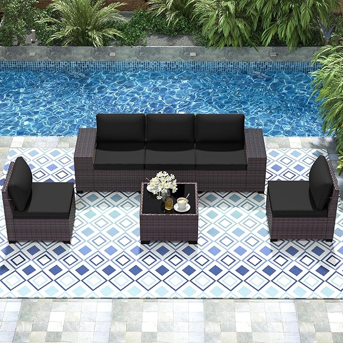 Patio Furniture Set 6 Pieces Outdoor Sectional Sofa Set,PE Rattan Wicker Patio Conversation Set with Thickened Cushions and Glass Coffee Table,Black