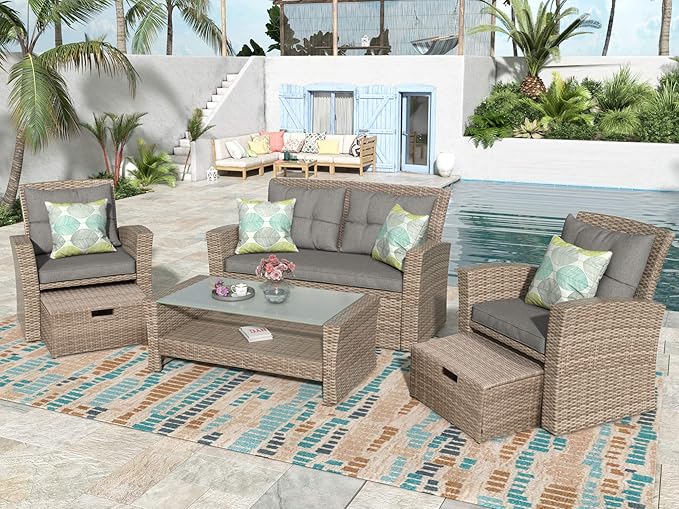 Bellemave Patio Furniture Set,4piece Outdoor Conversation Set Wicker Rattan Patio Conversation Sets with Cushion Outside Sofa Set,5 Pieces 7 Seats,Gray