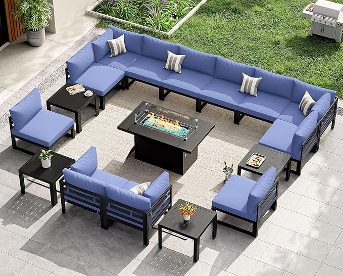NICESOUL 12 Person Oversized Aluminum Patio Furniture Set with Fire Pit Table & Side Table, 500 lbs Heavy Duty Modular Sectional Sofa, Modern Water Resistant Conversation Set for Terrace, Denim Blue