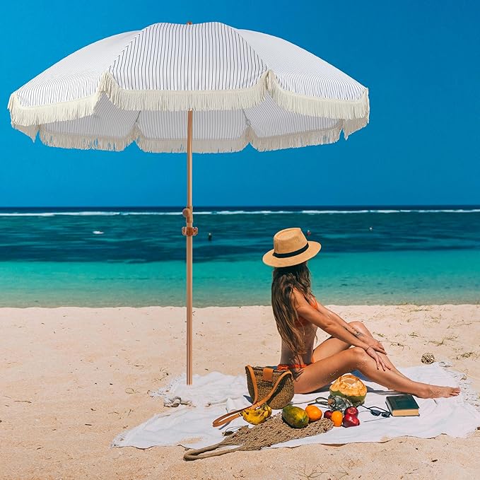 Seazul 7.5ft Patio Umbrella with Fringe, Beach Umbrella, Fringe Umbrella Outdoor Patio with Hanging Hook, Tilting Aluminum Pole, UV 50+, Fiberglass Ribs, Blue White Stripe