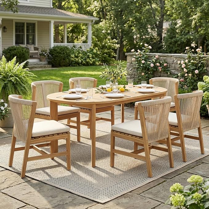 Christopher Knight Home Lisa 7 Piece Dining Table Set For 6, Outdoor Dining Set With Oval Patio Table And Armless Chairs, Acacia Wood Dining Chairs Set With Rope-Woven Backrests, Light Teak+Teak+Beige