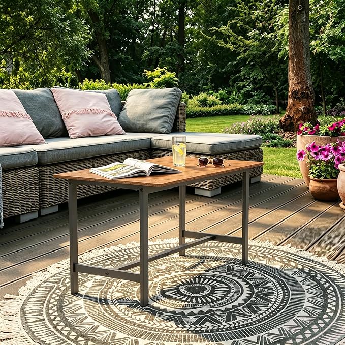 mapleway 33" Rustic Outdoor Coffee Table, Natural Wood Slat Top with Heavy Duty Metal Frame, Weather Resistant Patio Table for Garden Deck Balcony Porch, Simple Assembly, Wood Color