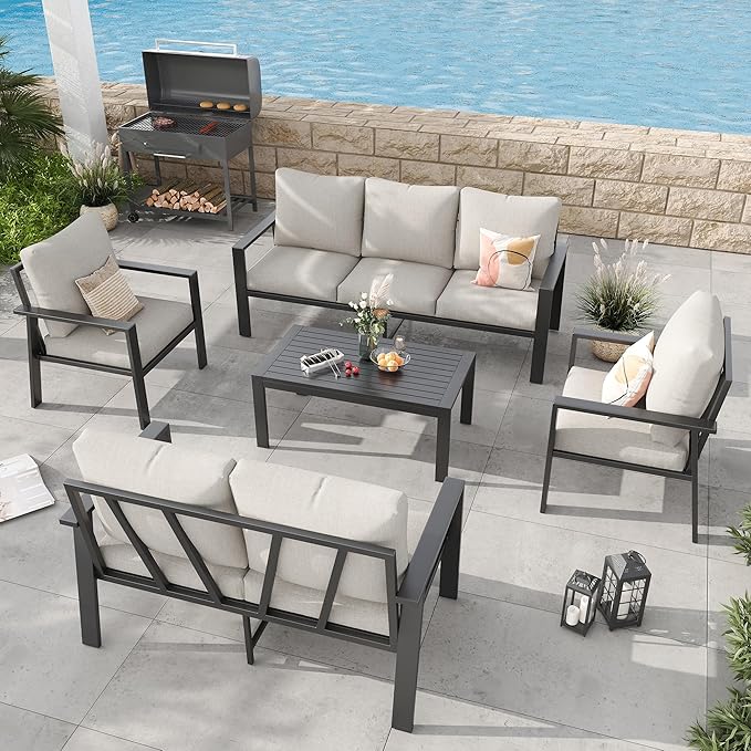 Aluminum Patio Conversation Set 5 Pieces Metal Deck Outdoor Furniture 7-Seat All-Weather Rust-Proof Sectional Sofa Set with Removable Cushion for Balcony, Yard, Poolside & Small Spaces