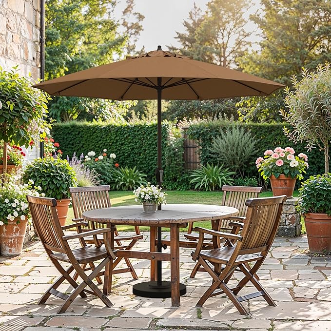 California Umbrella 12-Year Protection 7.5-Ft Outdoor Patio Umbrella, Sunbrella Fade-Resistant Fabric, Auto-Tilt, Heavy Duty Aluminum Frame, 8 Reinforced Ribs for Pool or Deck, Bronze Pole, Teak
