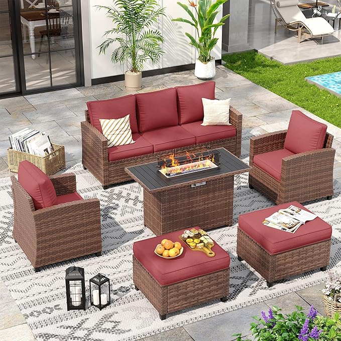 6 Pieces Patio Furniture Set with 44" Gas Fire Pit Table, Outdoor Sectional Sofas, All-Weather Wicker Rattan Sofa w/Gas Fire Pit, Ottoman, Thick Cushion, Wine Red