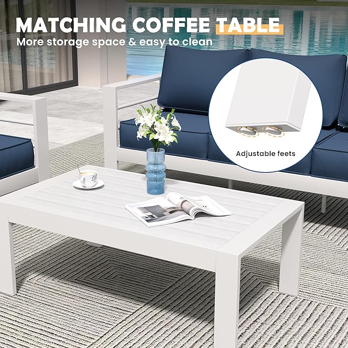Amopatio Aluminum Patio Furniture Set, 6 Pieces Metal Outdoor Patio Furniture Sets, Outdoor Sectional Modern Sofa Couch with Coffee Table for Pool, Garden, White&Blue (Included Waterproof Covers)