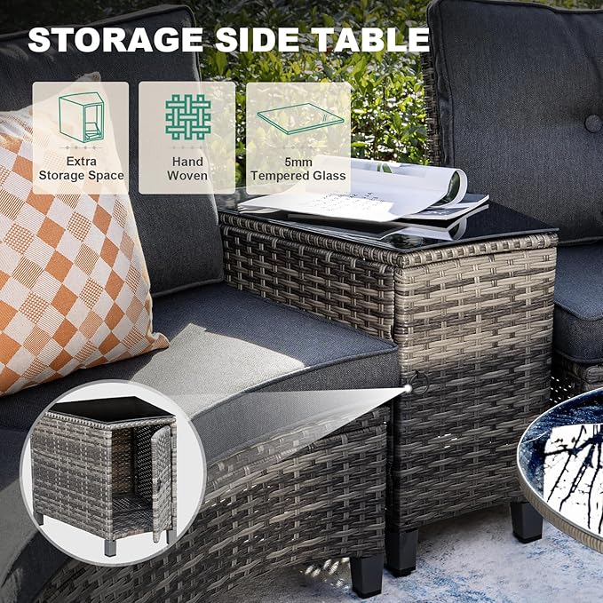 MEISSALIVVE 11-Piece Half-Moon Curved Outdoor Patio Furniture Set, Sectional Conversation Sofa with Wood Armrests, Coffee & Side Tables for Backyard Deck Garden, Grey