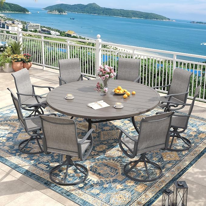 Outdoor Dining Set for 8, 63" Metal Round Outdoor Dining Table with Umbrella Hole and Sling Patio Swivel Chairs, 9 Pieces Patio Table and Chairs Set for Garden, Grey