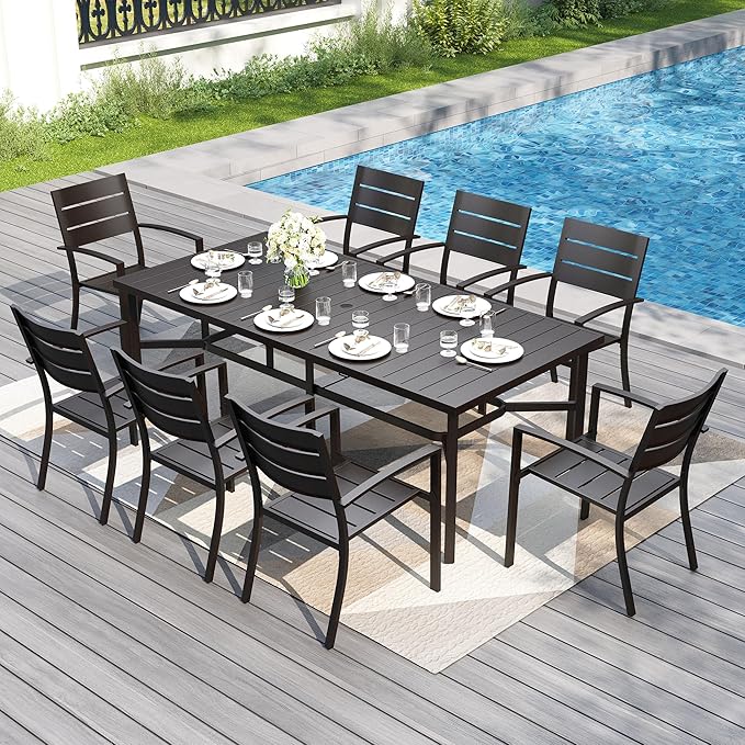 PHI VILLA 9 Pieces Outdoor Patio Dining Set for 8, 83" Rectangular Black Metal Steel Table with Umbrella Hole & Stackable Wrought Iron Chairs, Large Outside Furniture for Deck, Backyard, Porch