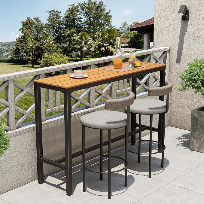 Outdoor Bar Table 55" All-Weather Patio Bar Table with Metal Frame and Waterproof Wood-Like Tabletop Outdoor Console Table for Balcony Yard Garden Bistro Hot Tub Use(Brown)