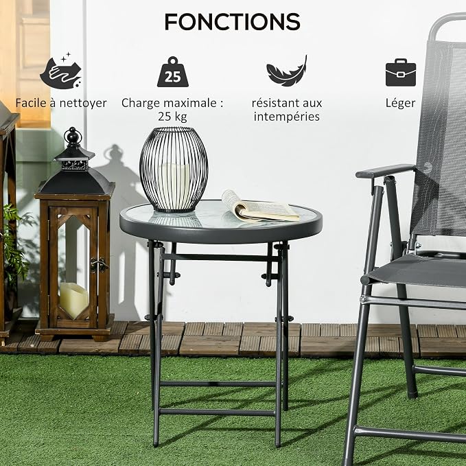 Outsunny Folding Coffee Table, Side Table, Tempered Glass Top, Metal Frame, 45 cm Round, for Patio, Balcony, Garden, White