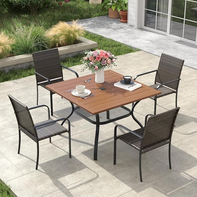 VICLLAX 5 Pieces Patio Dining Set, 4 Stakable Wicker Outdoor Chairs and Patio Square Metal Table with Umbrella Hole for Backyard Lawn Deck, Walnut Tabletop