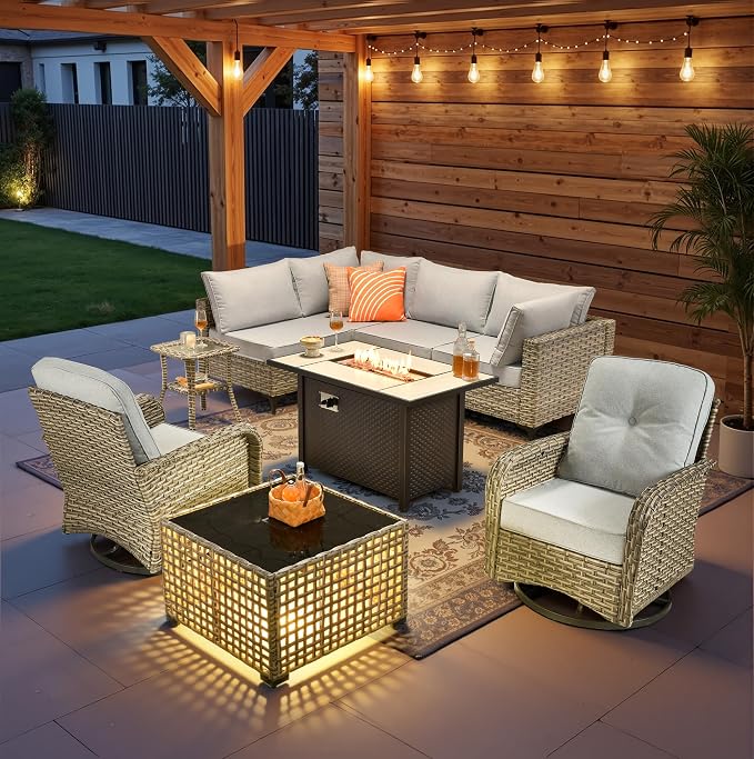 9 Pieces Patio Sectional Furniture Set, Outdoor Wicker Sectional Couch with Firepit Swivel Rocker Chairs Solar Lights Table, Modern Conversation Set for Porch Balcony Backyard, Gray