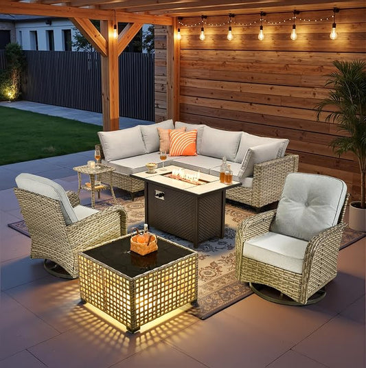 9 Pieces Patio Sectional Furniture Set, Outdoor Wicker Sectional Couch with Firepit Swivel Rocker Chairs Solar Lights Table, Modern Conversation Set for Porch Balcony Backyard, Gray