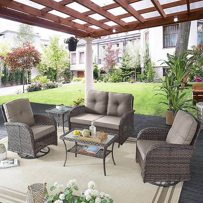 Belord 5 Piece Wicker Patio Furniture Set - Outdoor Conversation Sets with Deep Seating Swivel Rocker Chairs Loveseat and Rattan Coffee Table for Deck Backyard, Brown Wicker/Grey Cushion