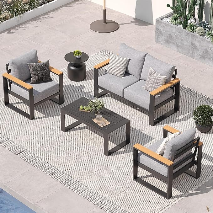 Sundale Outdoor Aluminum Patio Furniture Set, 4 Piece Outdoor Conversation Sets with Coffee Table and 6" Thick Cushions, All Weather Outdoor Sectional Set for Deck, Lawn, Yard (Grey)