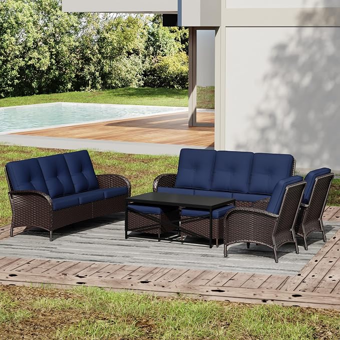 Joyside Wicker Patio Furniture Set, 7 Piece Outdoor Furniture Set with Thickened Cushions, High Back, Deep Seating, Wide Armrest, Rattan Outdoor Chairs for Porch, Deck