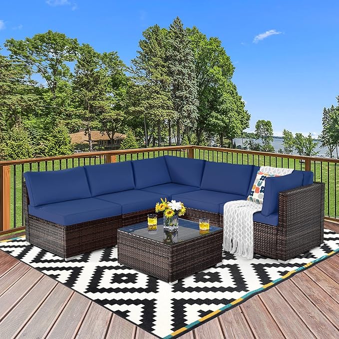 COSTWAY 6-Piece Outdoor Patio Furniture Set, Rattan Sectional Sofa Set with Tempered Glass Coffee Table and Cushions for Garden, Deck, Backyard (Navy)