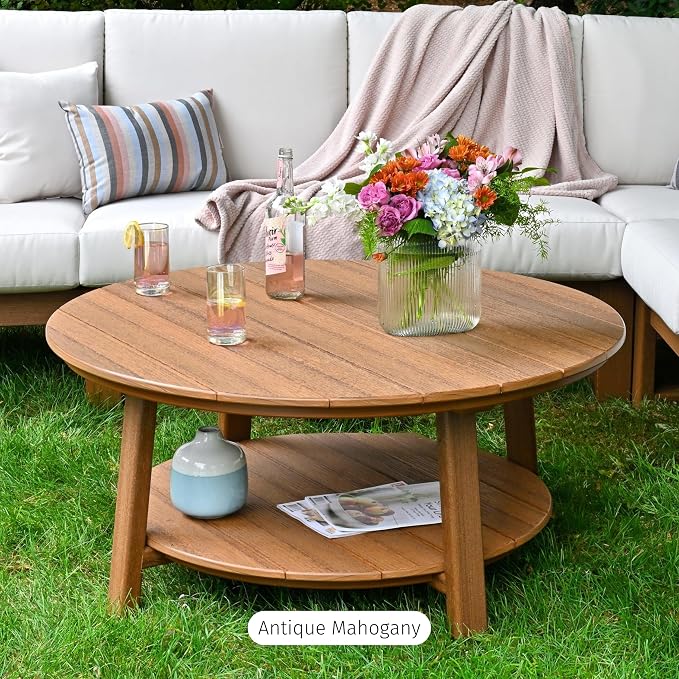 LuxCraft Deluxe Poly Round Outdoor Coffee Table, Two Tier Coffee Table, Round Conversation Tables for Outside Patio with Lower Shelf - Amish Made in USA (Cherrywood & Black)