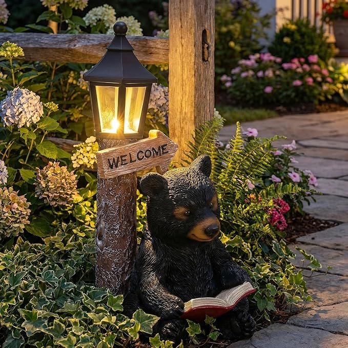 Lyeasw Solar Outdoor Bear Garden Statues – Bear Figurine Lights Decor with Welcome Sign for Lawn, Patio & Porch – Perfect Mother’s Day, Birthday & Housewarming Gifts