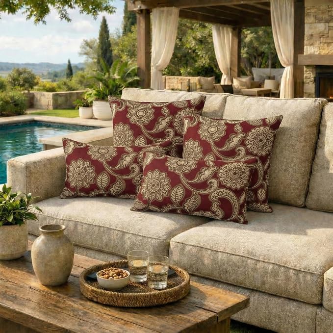RSH DECOR: Outdura Lumbar & Square Pillows Set of 4 | 20" x 12" & 17" x 17" | Water and Fade-Resistant Fabric | Outdoor Throw Pillows for Patio Furniture | Made in USA (Veranda Crimson)