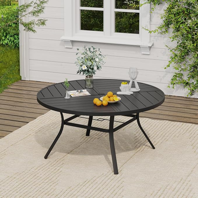 VICLLAX Outdoor Table and Chairs Set for 6, Patio Dining Set of 50 Metal Round Patio Table with Umbrella Hole & 6 Swivel Outdoor Dining Chairs for Backyard Lawn, Charcoal & Black