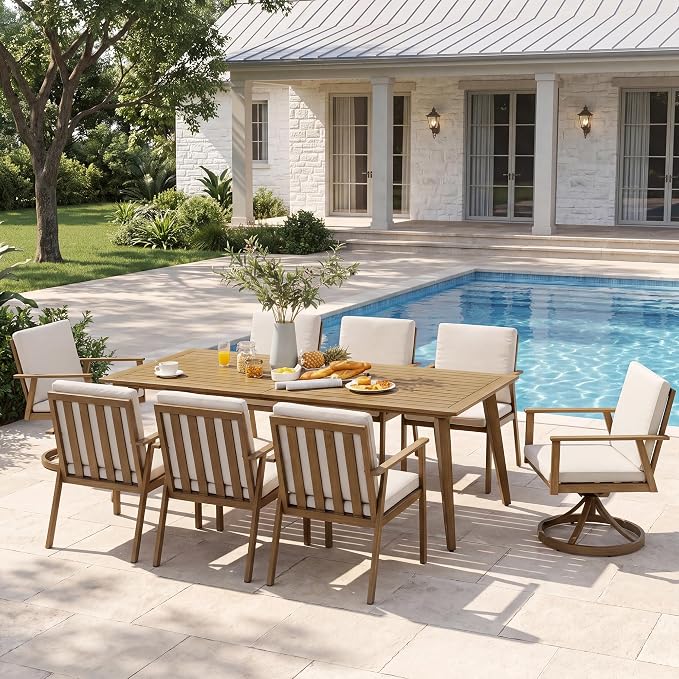 9 Pieces Patio Dining Set for 8, Aluminum Outdoor Dining Table Sets with Umbrella Hole, Modern Outdoor Furniture Set with 2 Swivel Chairs, 6 Dining Chairs and Table for Backyard Poolside,Teak