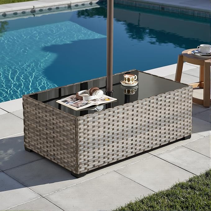 HOOOWOOO Outdoor Patio Side Table with Umbrella Hole,Wicker Coffee End Table Glass Top,Umbrella Table with 1.64" and 2" Hole for Yard,Deck,Porch,Garden(Rectangle Brown)