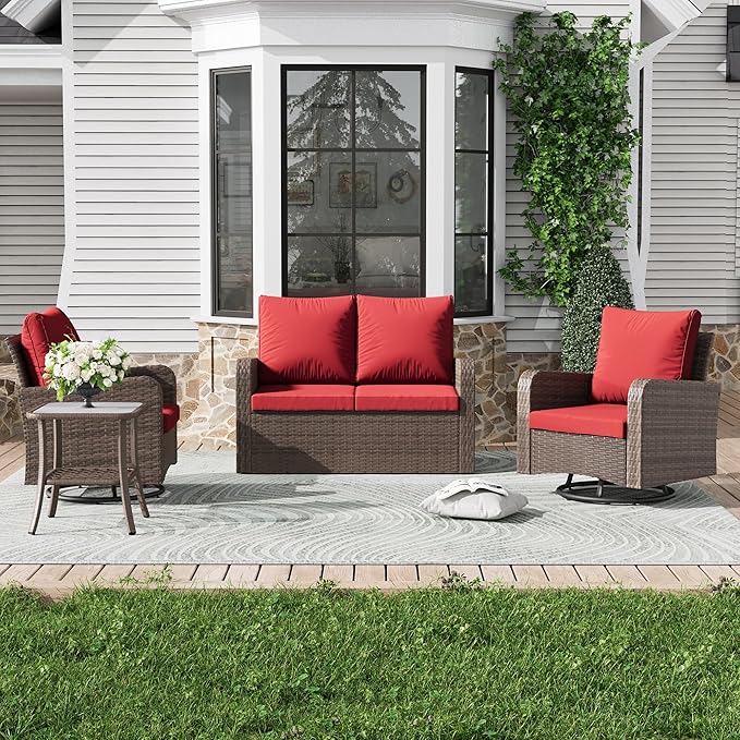 HOMREST 4 Piece Wicker Patio Furniture Set, 360 Degree Outdoor Swivel Patio Chairs w/Coffee Table and Loveseat, Small Patio Furniture Set for Garden, Deck and Poolside (Wine Red)