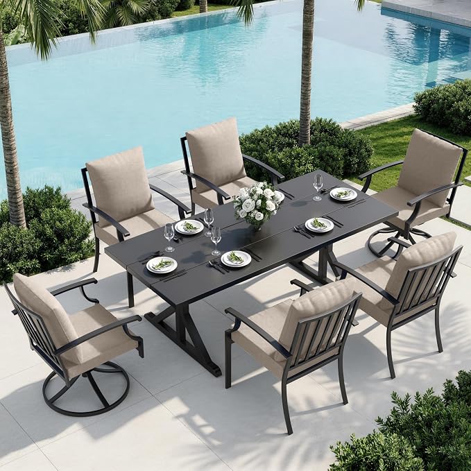 7 Piece Outdoor Dining Set for 6, Metal Patio Table and Chairs with Cushions, Patio Furniture Set with 2 Swivel Chairs, Rectangular Metal Dining Table with Umbrella Hole, Lawn Deck Yard-Sand