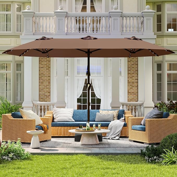 Large Patio Umbrella with Solar Lights and Base, Double-Sided Outdoor Rectangle Umbrella with 48 LED Lights, Market Table Umbrellas with UV Resistant Canopy