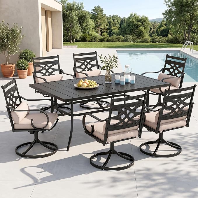 MFSTUDIO 7 PCS, Patio Dining Set, 59"×35", Swivel Chairs | 1.6 inch umbrella hole, Metal, E-coated frame, Seat up to 6