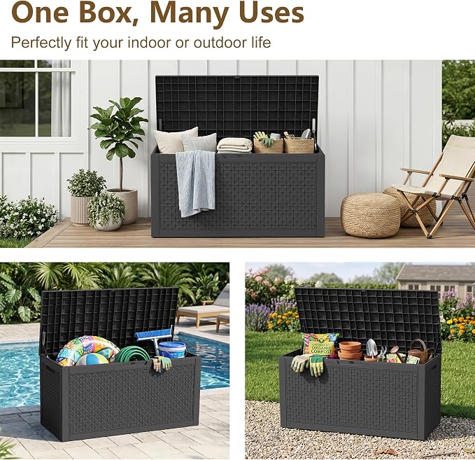 140 Gallon Outdoor Storage Box, Large Resin Deck Box, Waterproof Lockable Storage Container, Storage Bins with Lids for Patio furniture, Garden Tools, Black