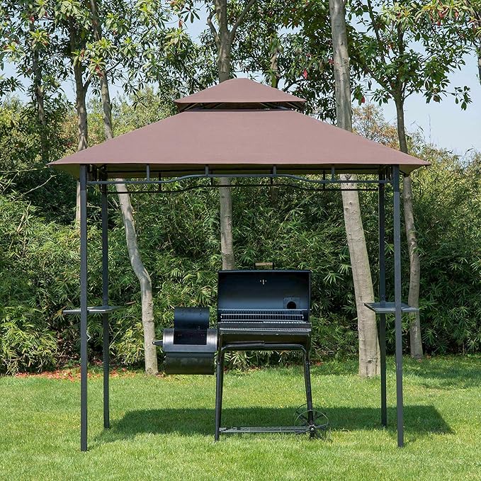 Outsunny 8' x 5' Grill Gazebo with Double Roof, Outdoor BBQ Gazebo with 2 Side Shelves, Steel Grill Tent Canopy for Patio Yard Garden, Coffee