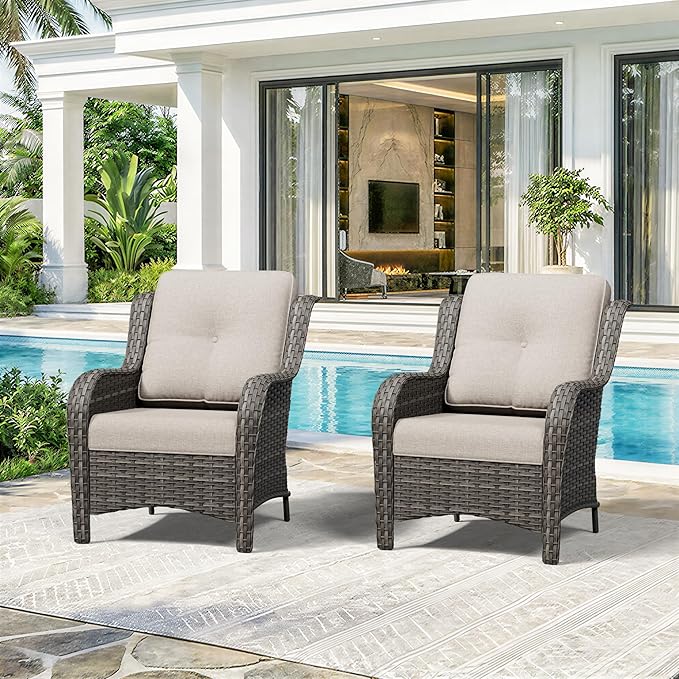 Patio Chairs Set of 2, Outdoor Wicker Patio Furniture Set with Thickened Olefin Cushions, High Back and Deep Seating, Wide Curved Armrest Hand-Woven PE Rattan for Porch, Deck, Beige