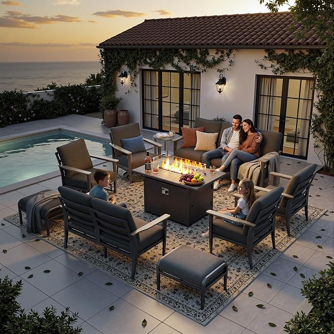 11-Seat Outdoor Patio Furniture Set with Rocking Swivel Chair, Aluminum Sectional Sofa with Ottomans Patio Conversation Set with 55,000 BTU Fire Pit Table & High Backrest, Dark Grey