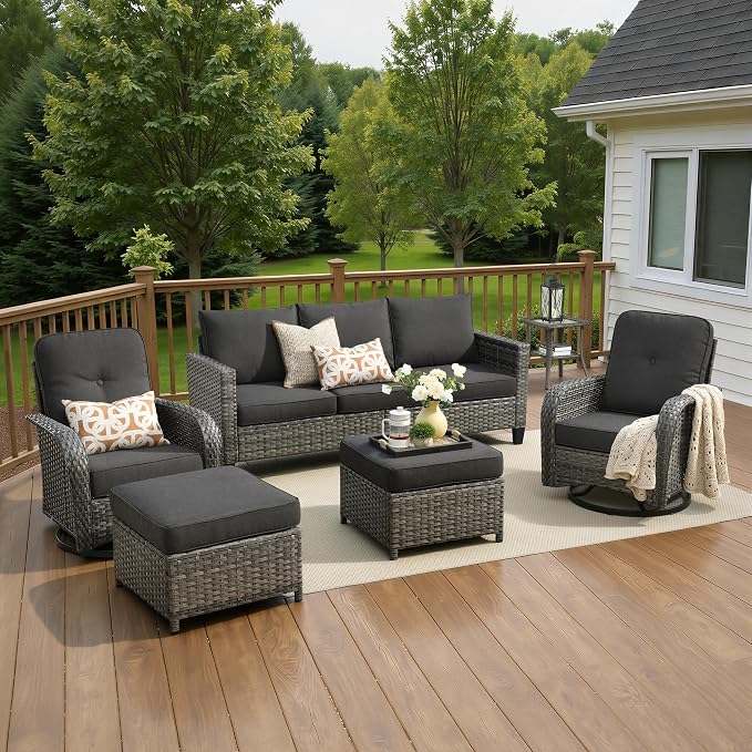 6 Piece Wicker Patio Furniture with Swivel Rocker Chair, Black | High Back Swivel Rocker Chairs, Outdoor Sofa Ottoman, Heavy Duty, All Weather Rattan Modern Conversation Sets, Deck Backyard