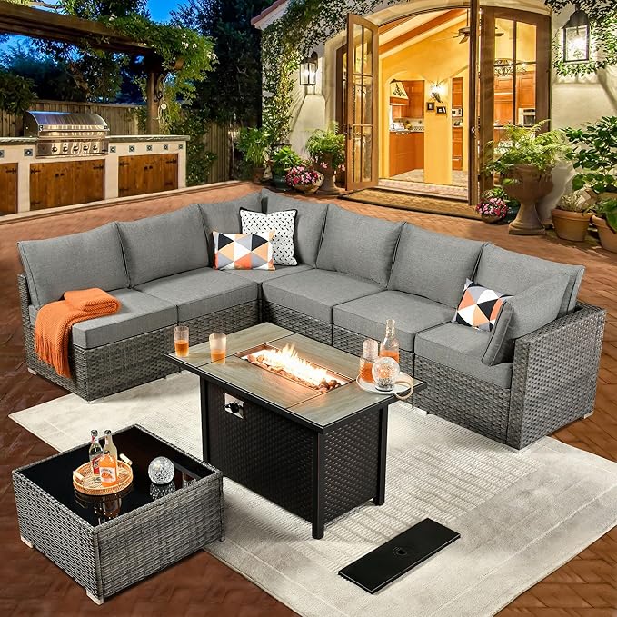 ovios Outdoor 8 Piece Patio Furniture Set with Fire Pit Table,Conversation Sectional Wicker Couch with Coffee Table,Modern Outside Sofa for Balcony Backyard, Dark Grey