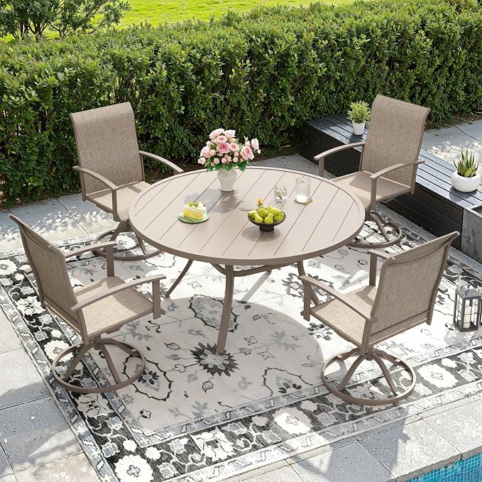 DIFY 5 Pieces Outdoor Dining Set for 4, 47.2" Round Metal Table with Umbrella Hole and Textilene Swivel Patio Chairs, Patio Table and Chairs Set for Garden, Backyard, Poolside, Sandshell